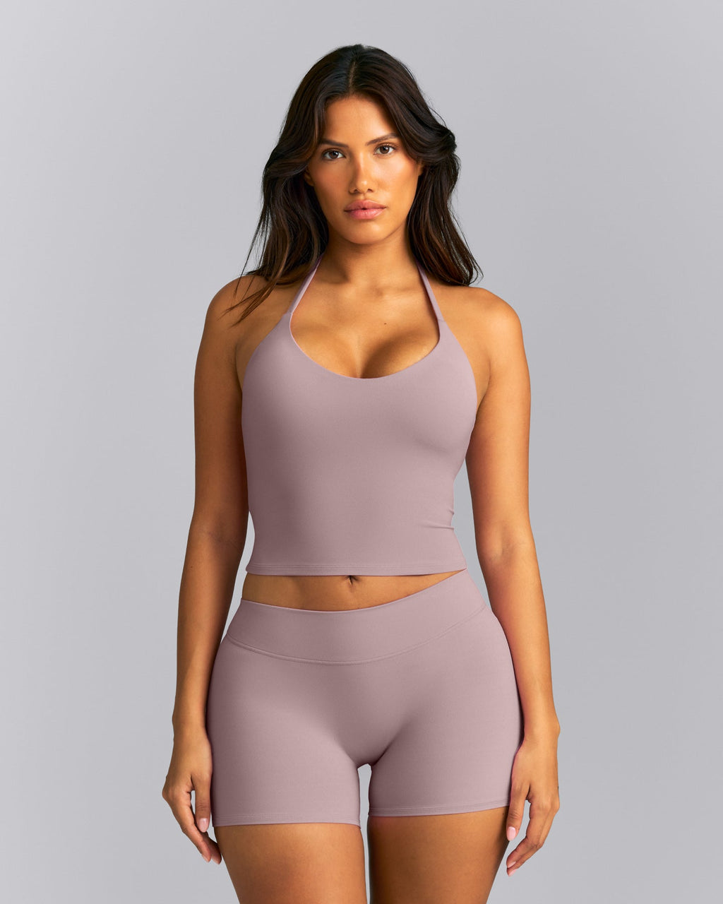 SoftMotion™ Strappy Halter Neck Mid Tank Top with Built in Bra Shelf New Branding | Dusty Purple