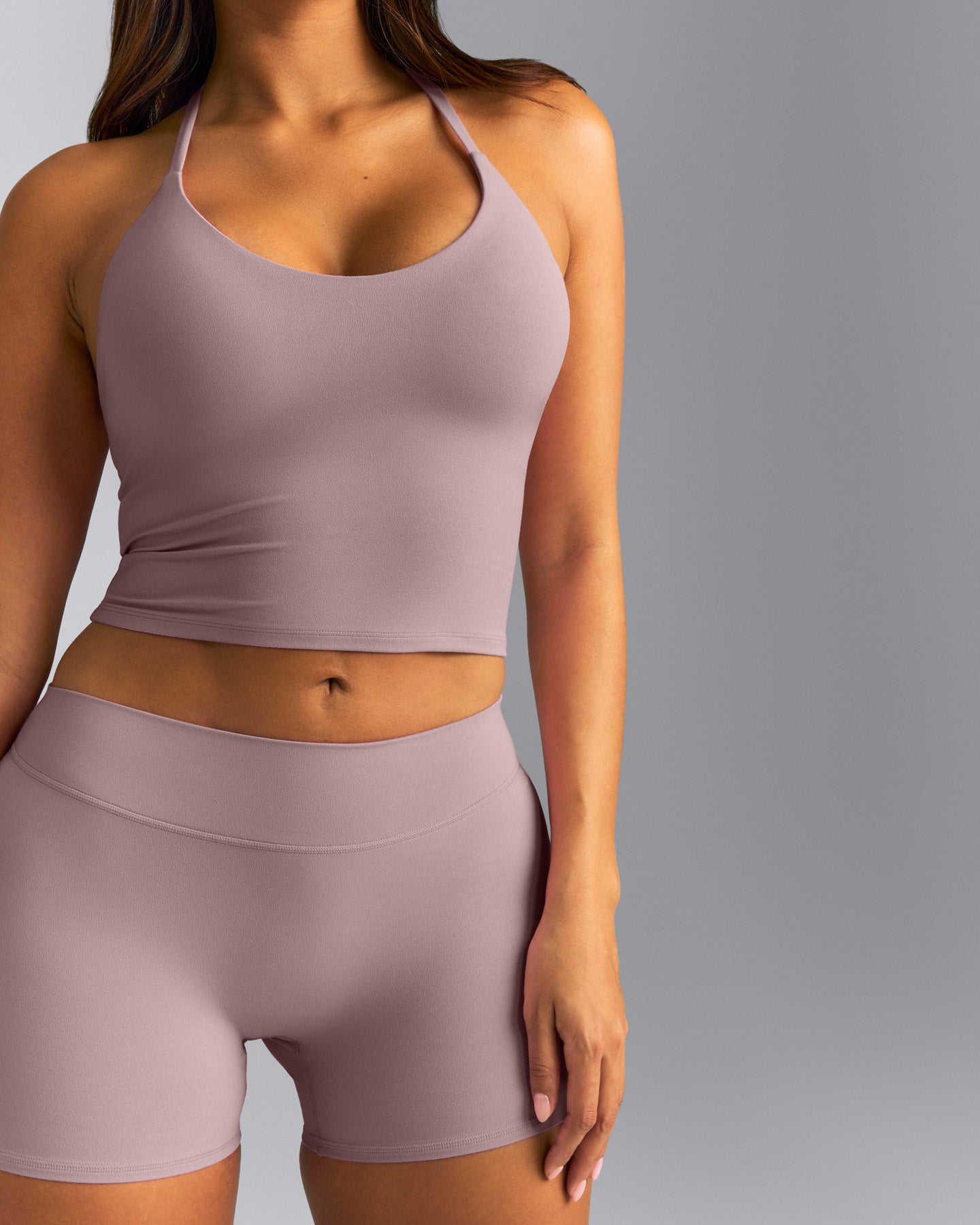 SoftMotion™ Strappy Halter Neck Mid Tank Top with Built in Bra Shelf New Branding | Dusty Purple