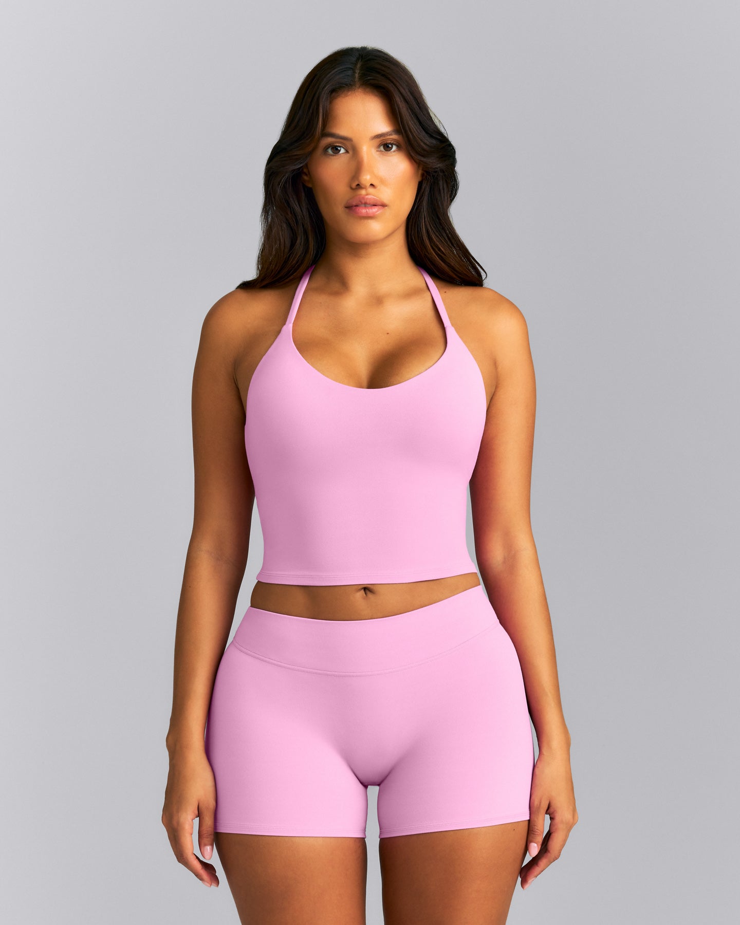 SoftMotion™ Strappy Halter Neck Mid Tank Top with Built in Bra Shelf New Branding | Rose Pink