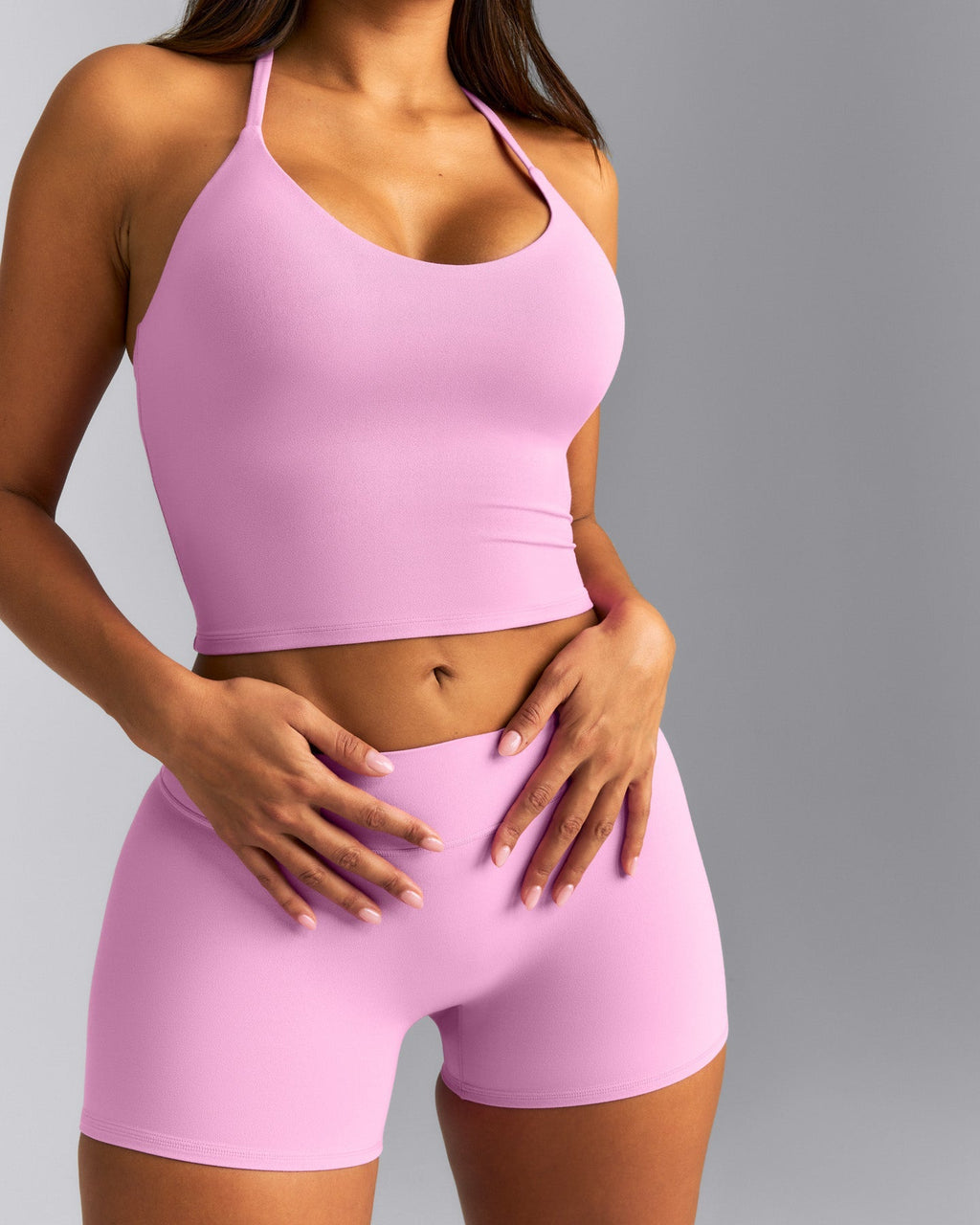 SoftMotion™ Strappy Halter Neck Mid Tank Top with Built in Bra Shelf New Branding | Rose Pink