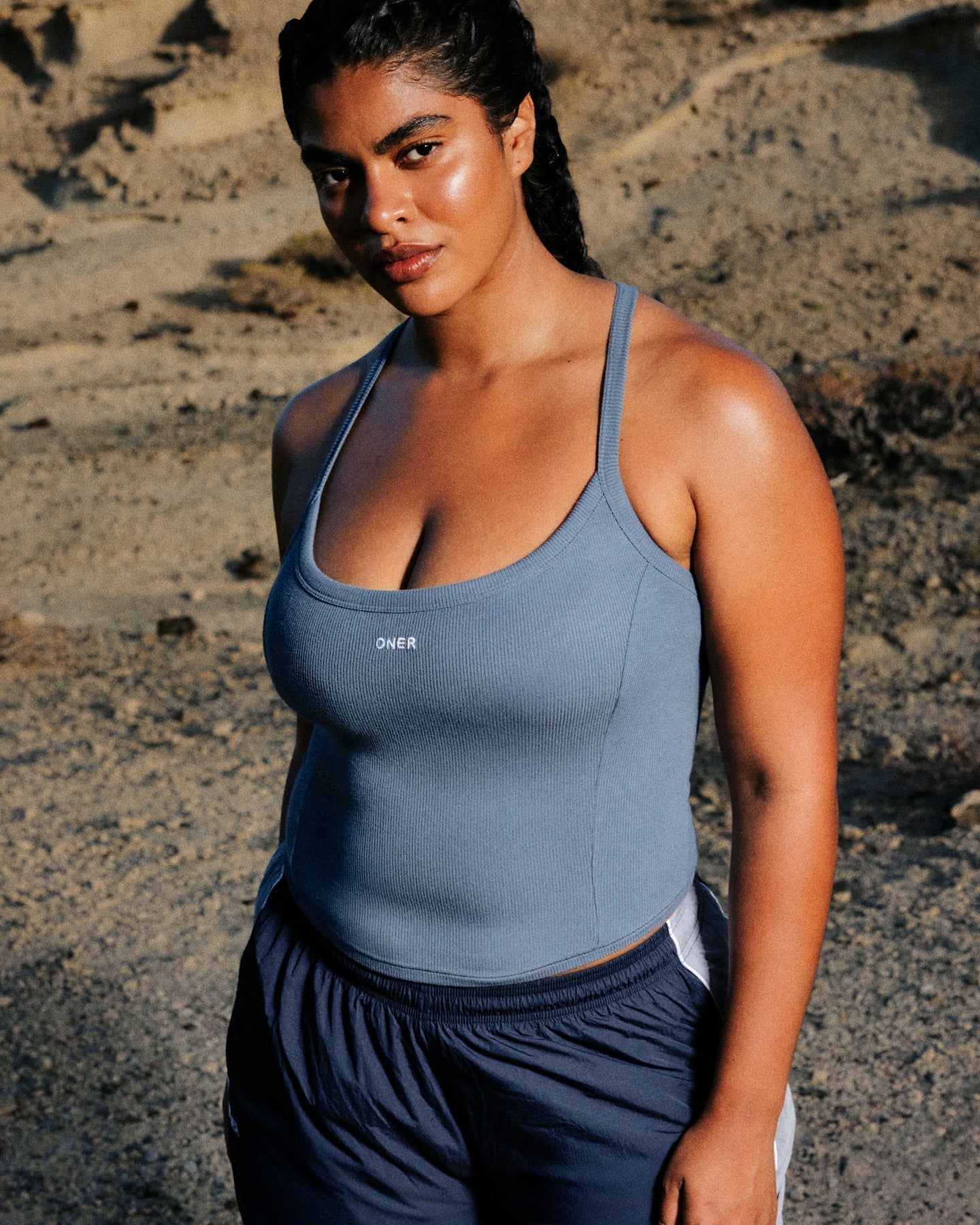 Mellow™ Rib Racer Back Mid Tank Top with Built in Bra Shelf | Granite Blue