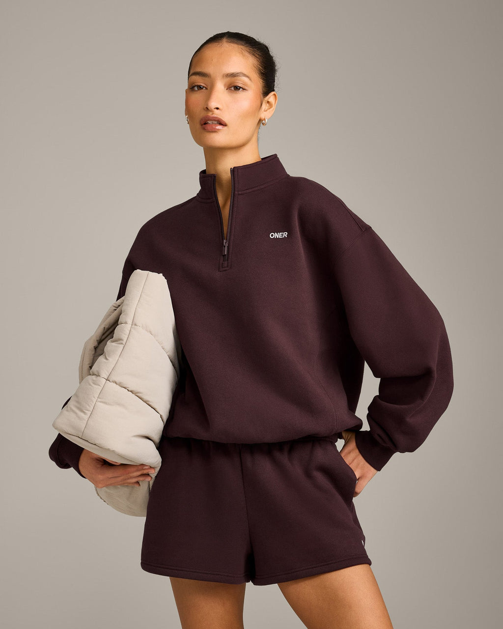 Foundations Cosy 1/4 Zip Sweatshirt | Plum Brown