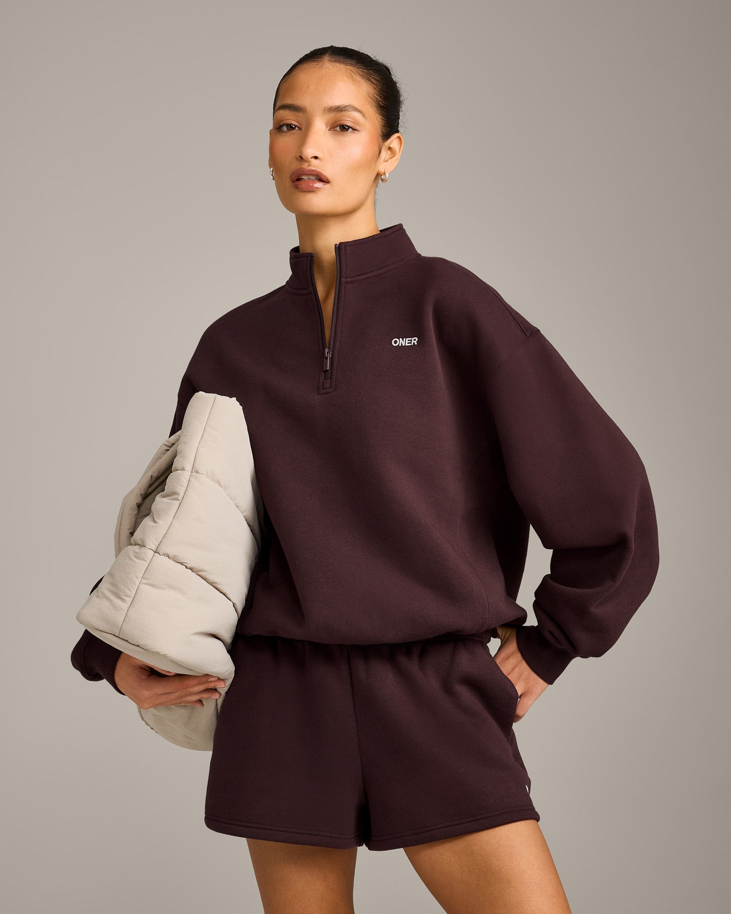 Foundations Cosy 1/4 Zip Sweatshirt | Plum Brown