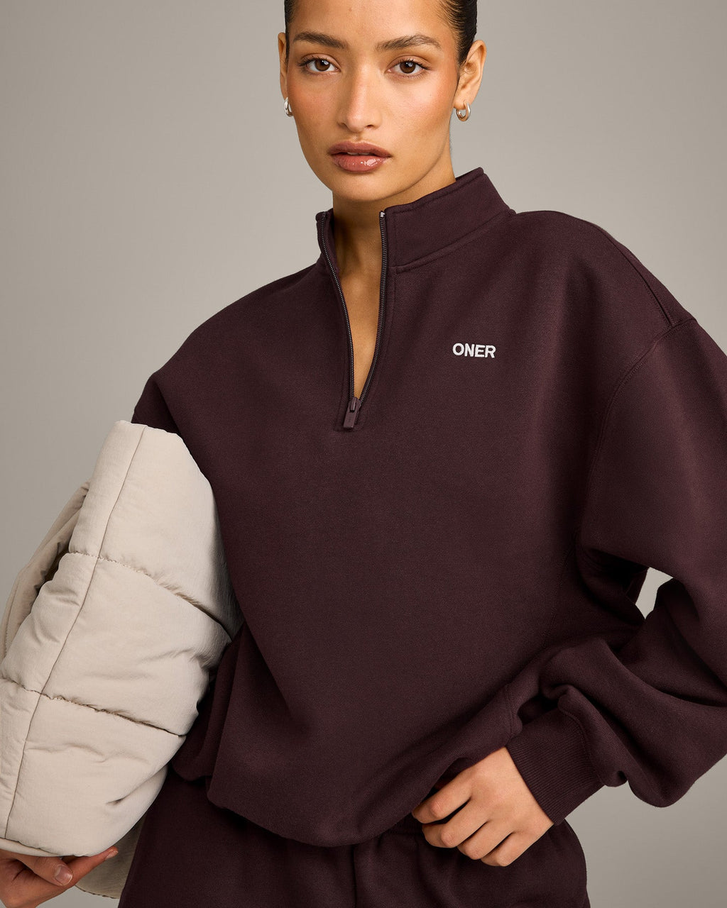 Foundations Cosy 1/4 Zip Sweatshirt | Plum Brown