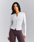 Mellow™ Rib Long Sleeve Cardigan with Embroidered Logo | Light Gray Marl
