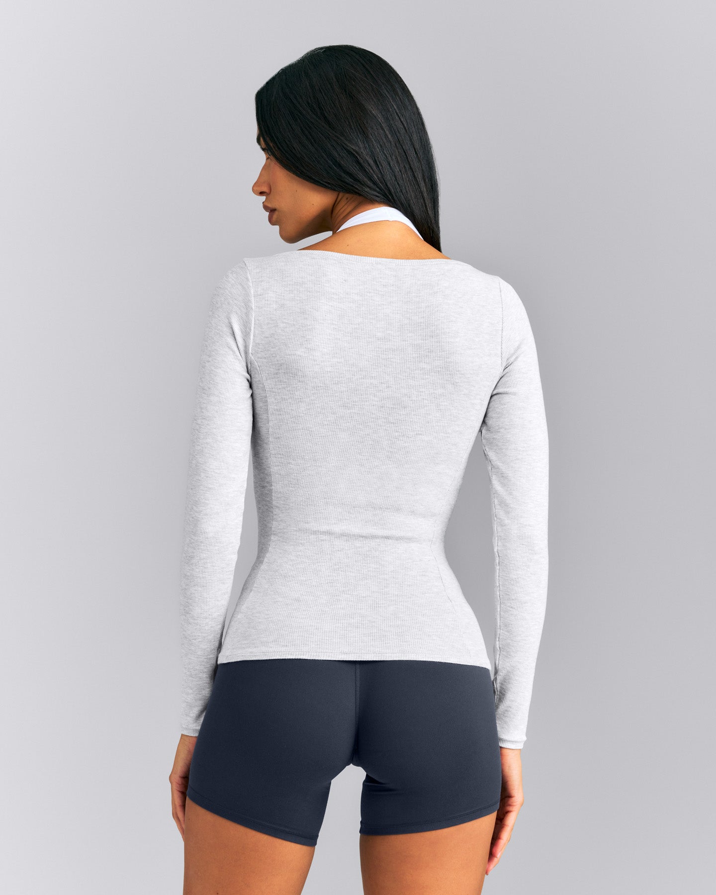 Mellow™ Rib V Neck Long Sleeve Top | Light Gray Marl