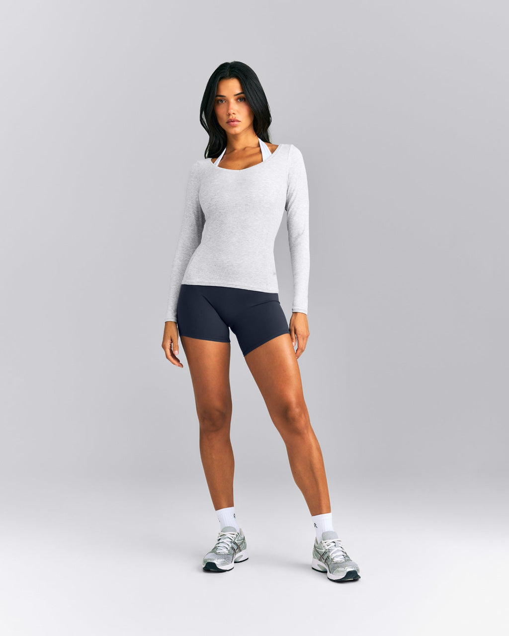 Mellow™ Rib V Neck Long Sleeve Top | Light Gray Marl