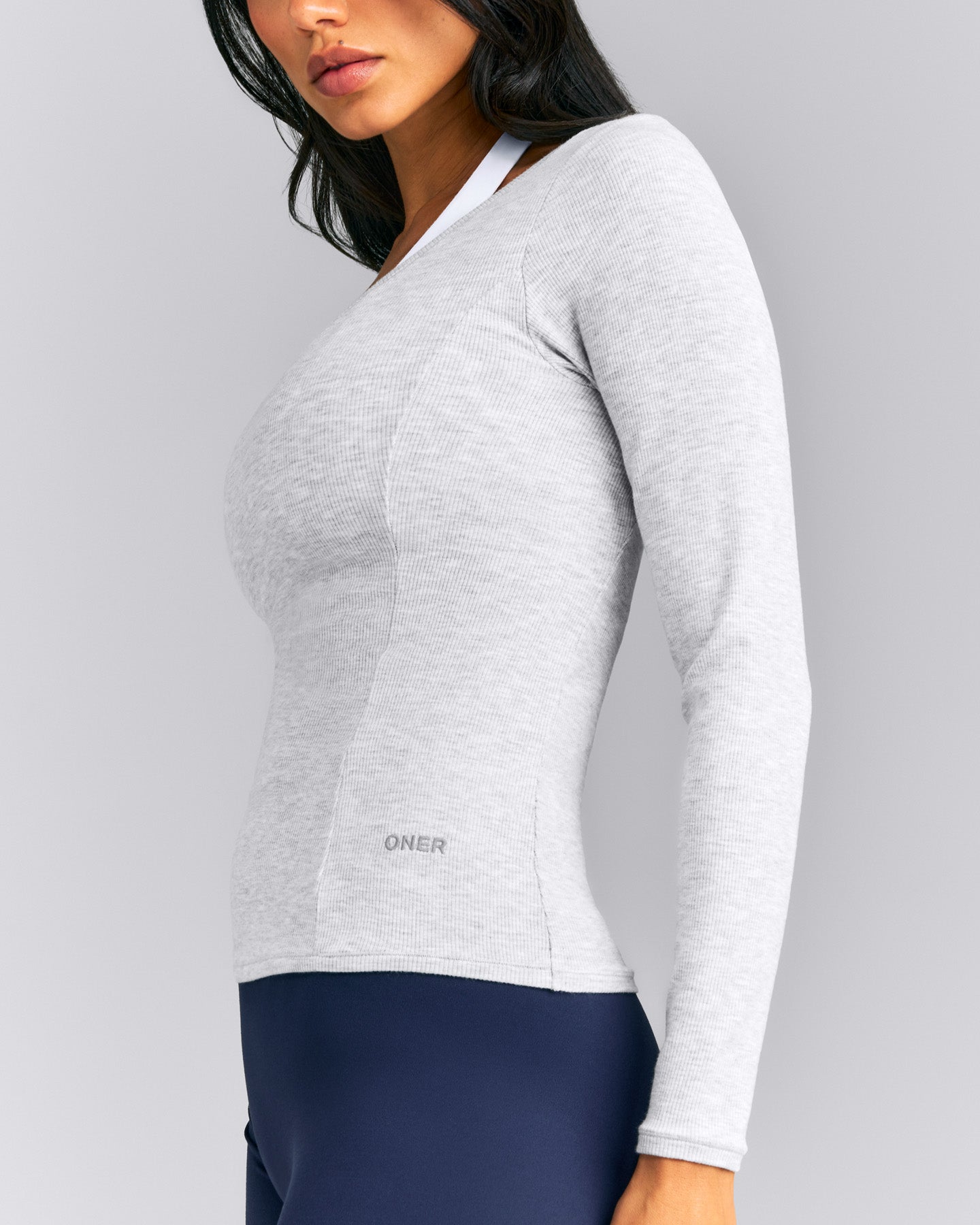 Mellow™ Rib V Neck Long Sleeve Top | Light Gray Marl