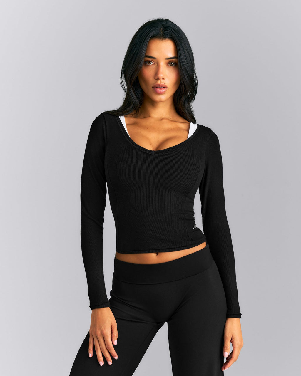 Mellow™ Rib V Neck Mid Long Sleeve Top | Black