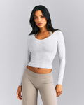 Mellow™ Rib V Neck Mid Long Sleeve Top | Light Gray Marl