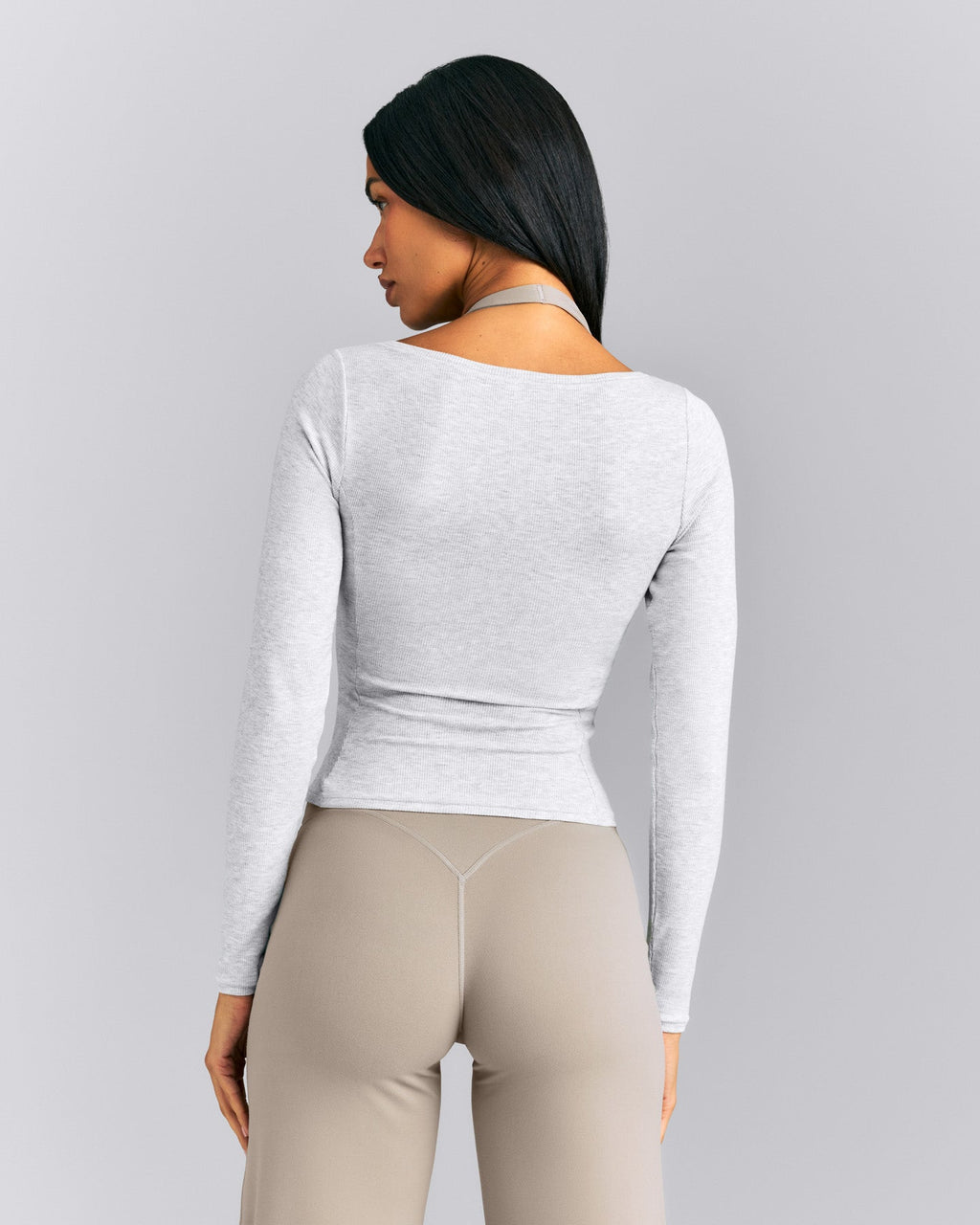 Mellow™ Rib V Neck Mid Long Sleeve Top | Light Gray Marl