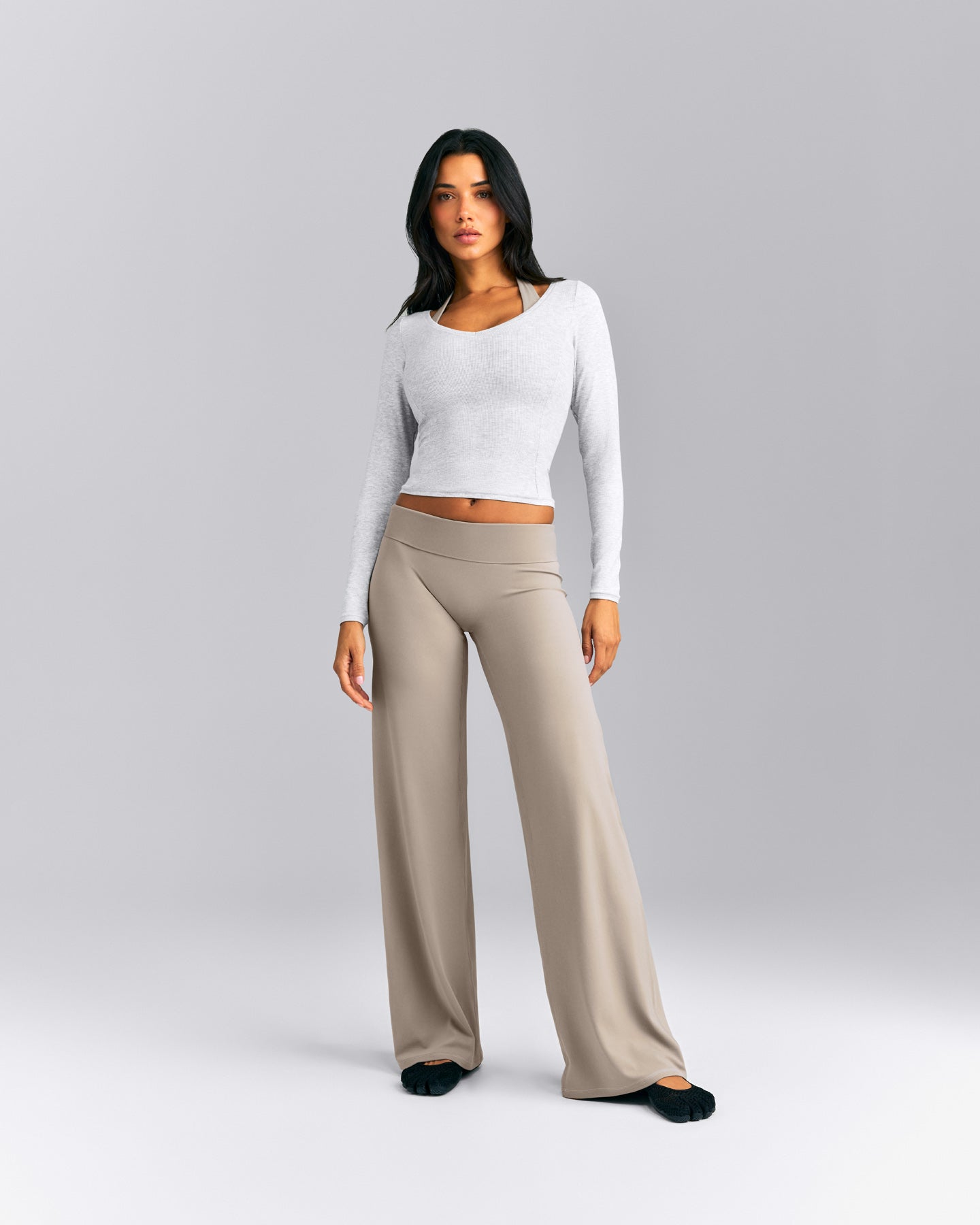Mellow™ Rib V Neck Mid Long Sleeve Top | Light Gray Marl