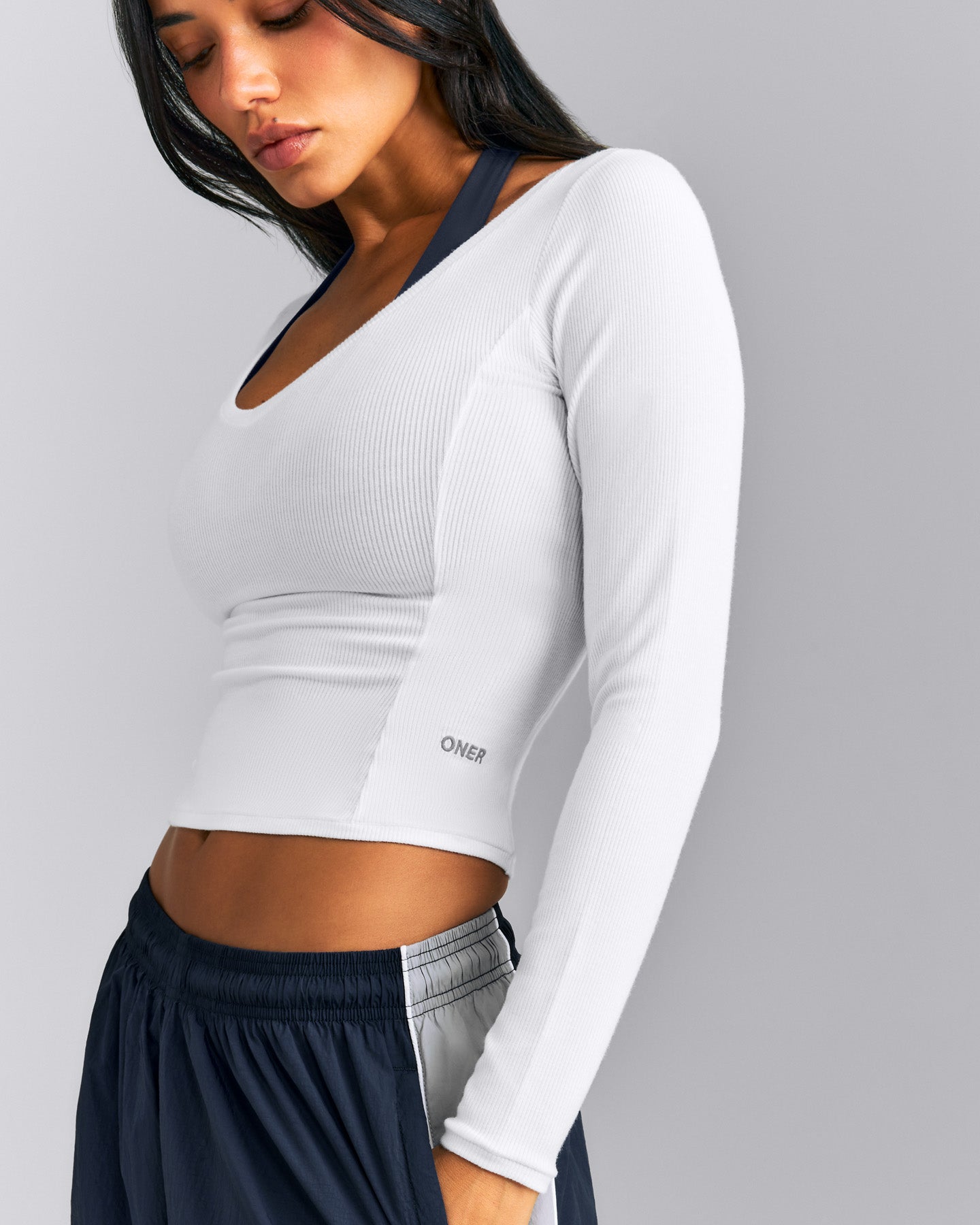 Mellow™ Rib V Neck Mid Long Sleeve Top | White
