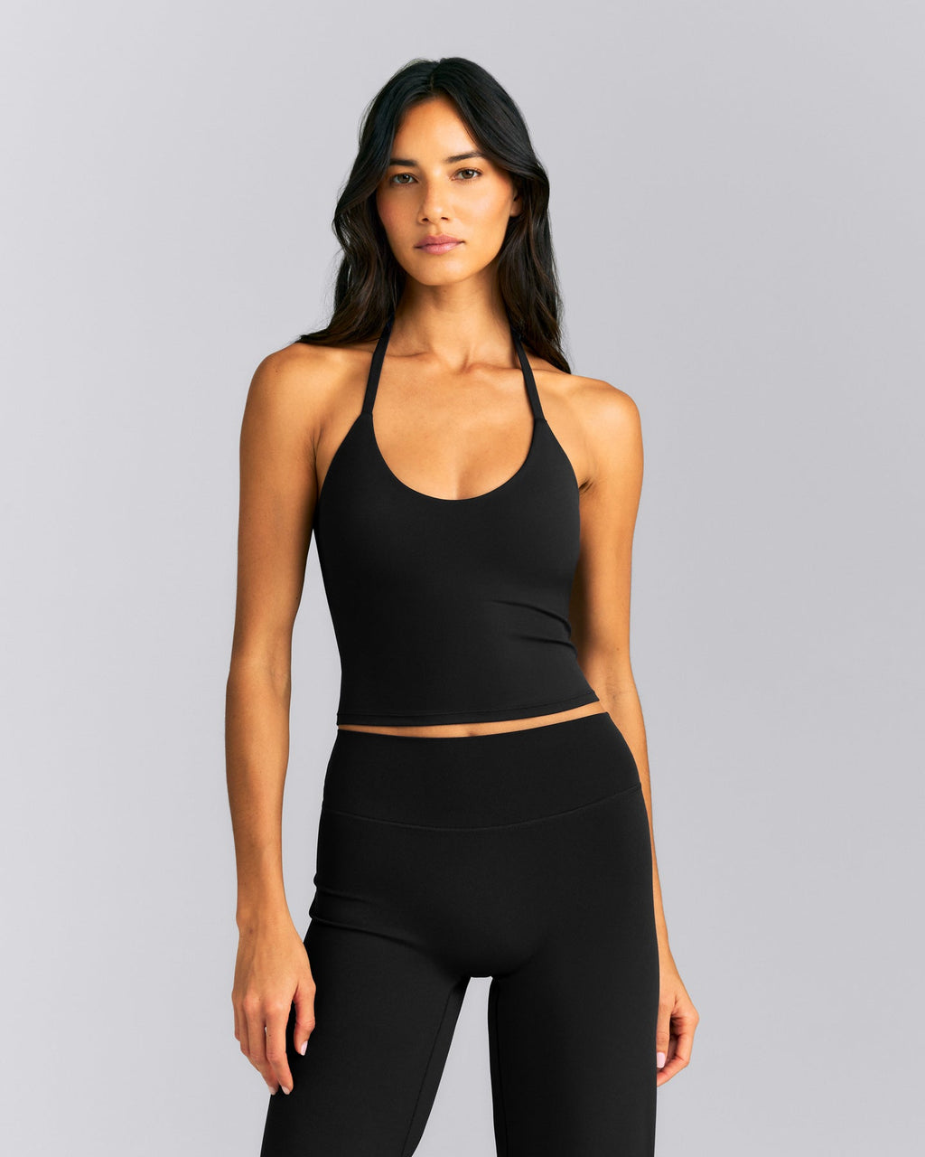 SoftMotion™ Strappy Halter Neck Mid Tank Top with Built in Bra Shelf New Branding | Black