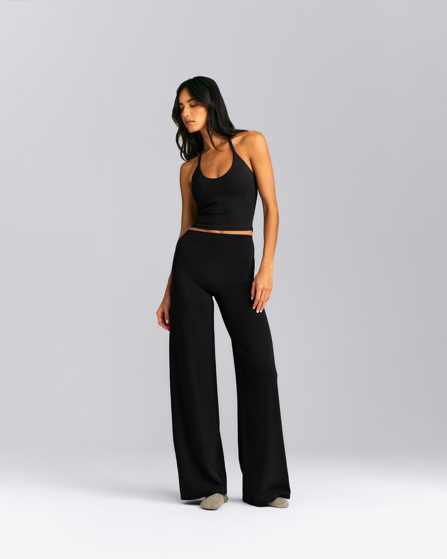 SoftMotion™ Strappy Halter Neck Mid Tank Top with Built in Bra Shelf New Branding | Black