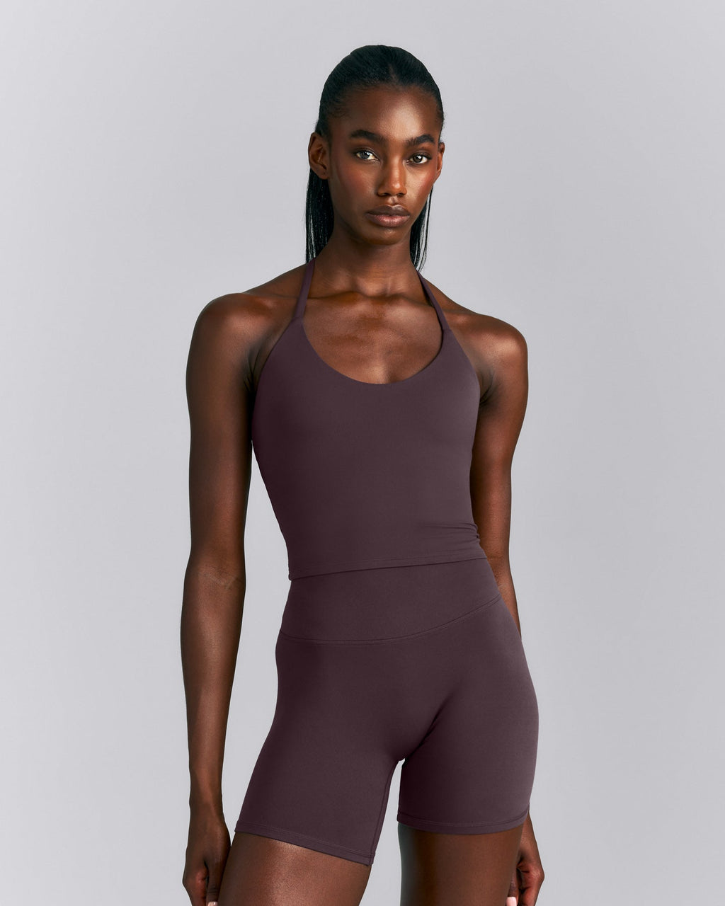 SoftMotion™ Strappy Halter Neck Mid Tank Top with Built in Bra Shelf New Branding | Dark Umber Brown