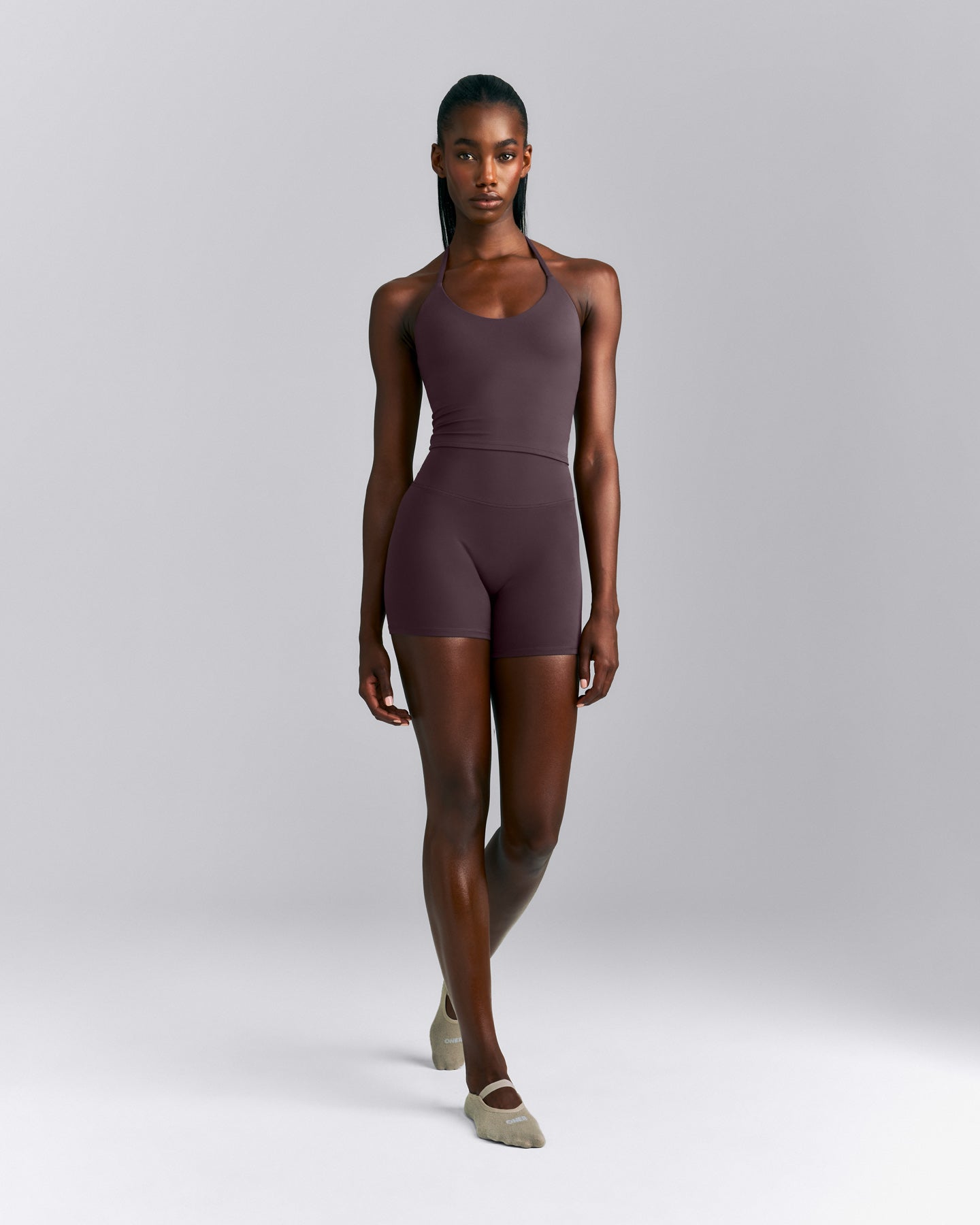 SoftMotion™ Strappy Halter Neck Mid Tank Top with Built in Bra Shelf New Branding | Dark Umber Brown