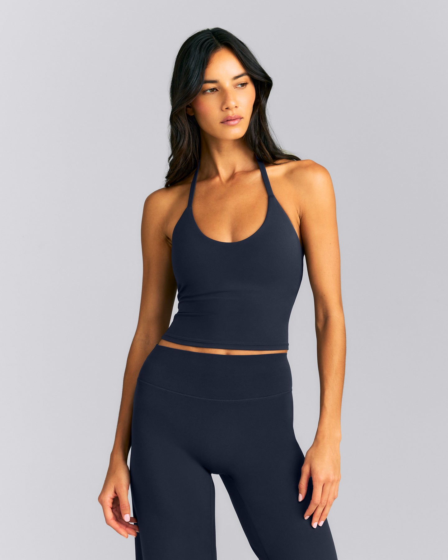 SoftMotion™ Strappy Halter Neck Mid Tank Top with Built in Bra Shelf New Branding | True Blue