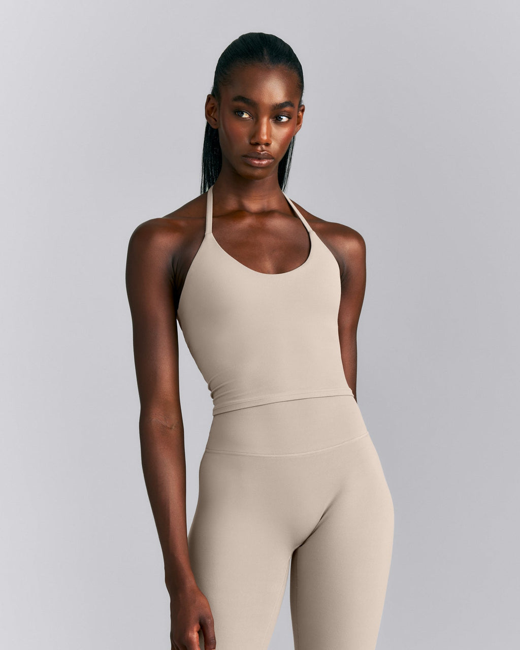 SoftMotion™ Strappy Halter Neck Mid Tank Top with Built in Bra Shelf New Branding | Warm Sand