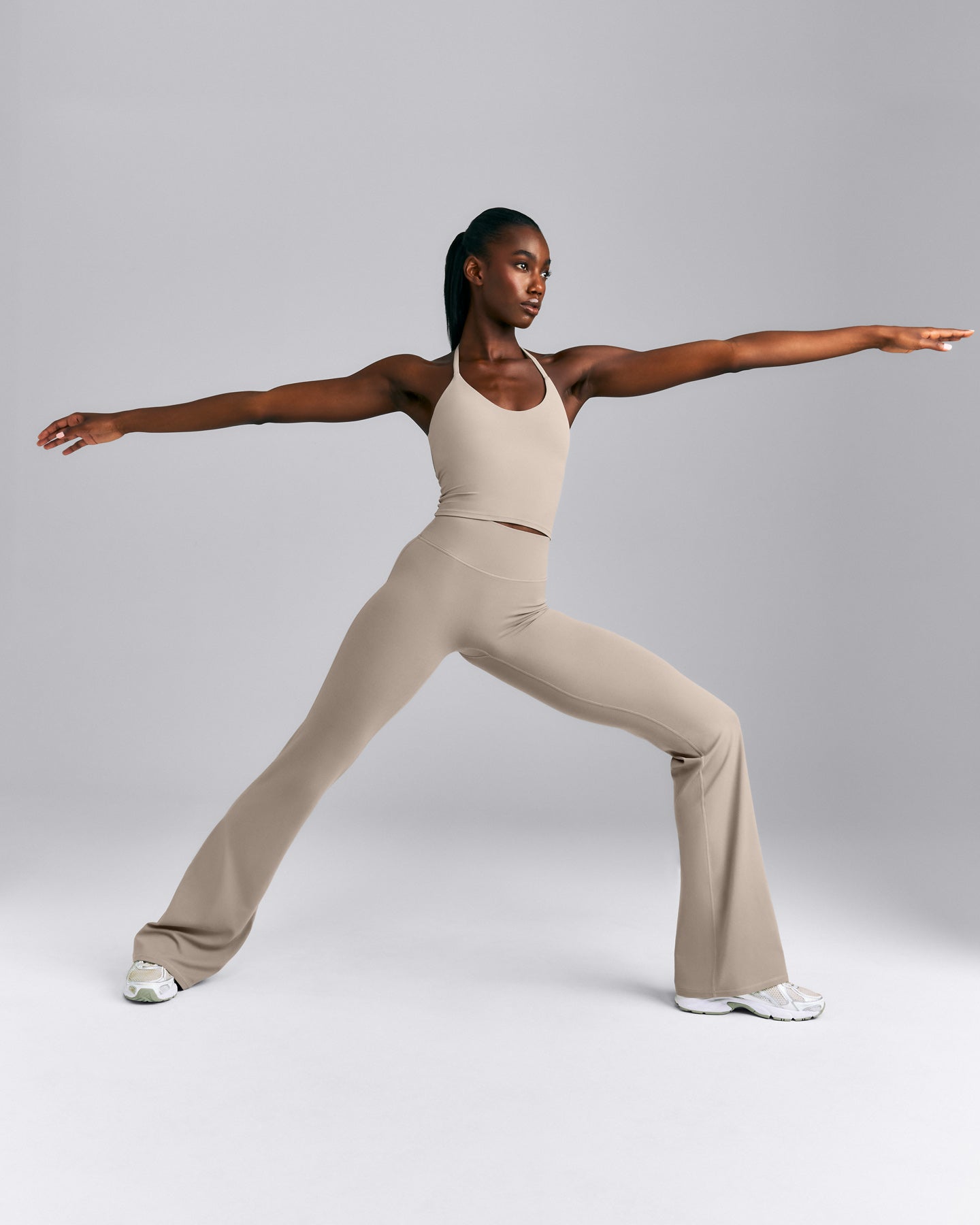 SoftMotion™ Strappy Halter Neck Mid Tank Top with Built in Bra Shelf New Branding | Warm Sand