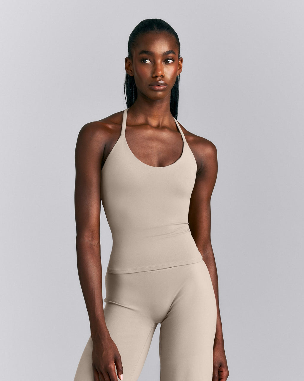 SoftMotion™ Strappy Halter Neck Tank Top with Built in Bra Shelf New Branding | Warm Sand