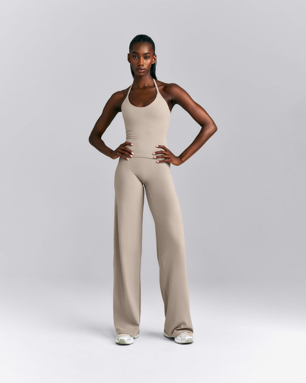 SoftMotion™ Strappy Halter Neck Tank Top with Built in Bra Shelf New Branding | Warm Sand