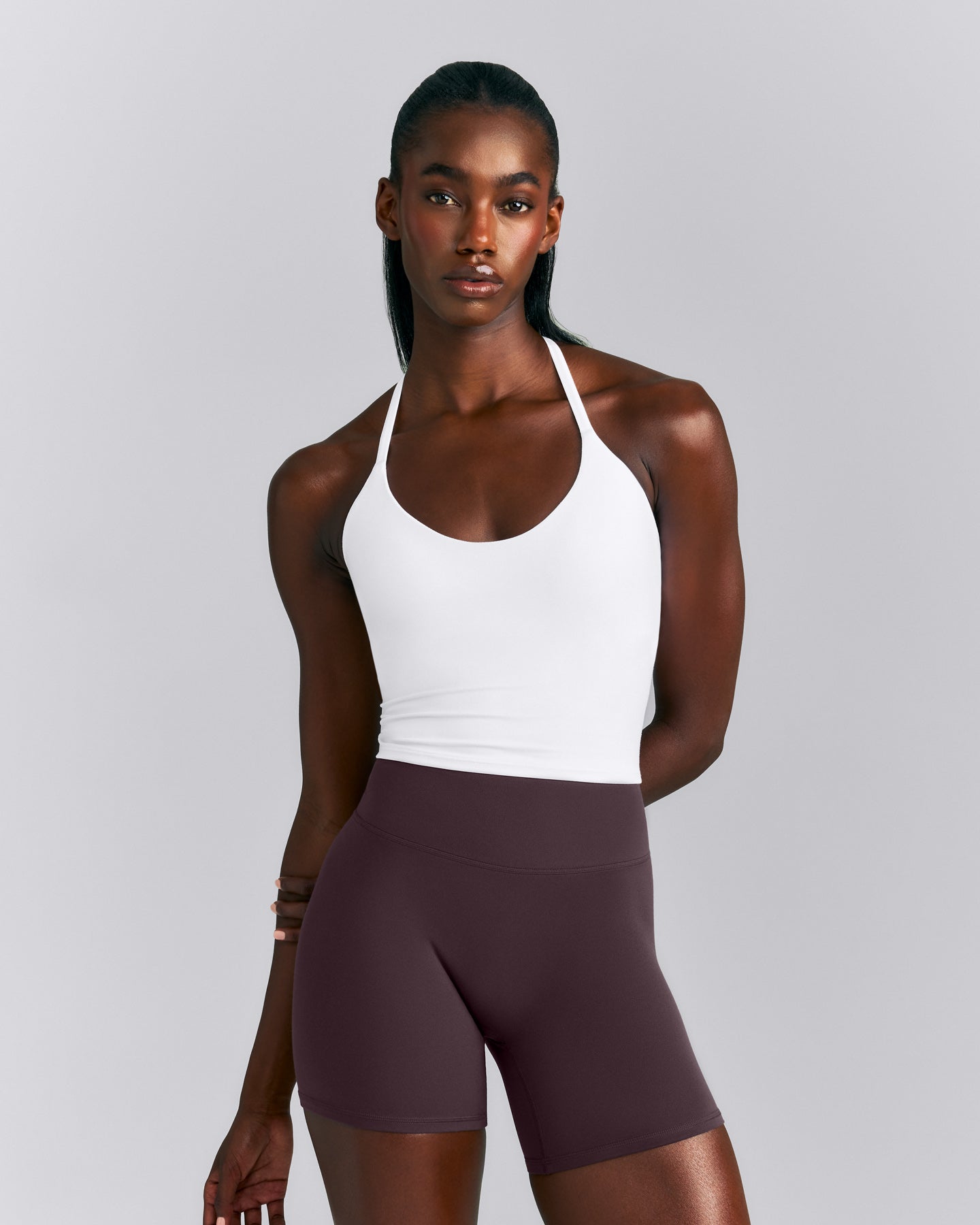 SoftMotion™ Strappy Halter Neck Mid Tank Top with Built in Bra Shelf New Branding | White