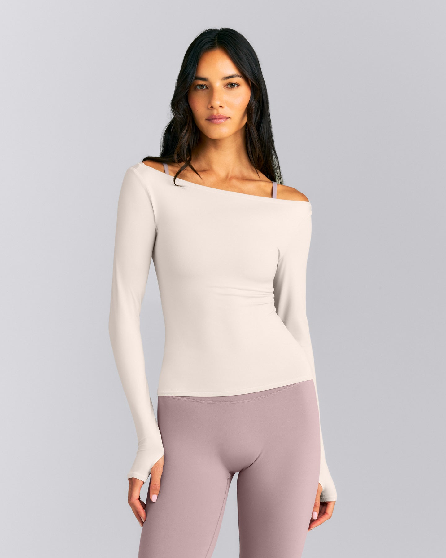FormeSoft™ Fitted Off-The-Shoulder Long Sleeve Top | Sand