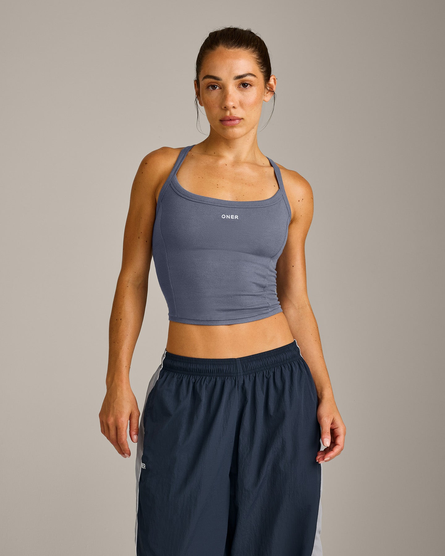 Mellow™ Rib Racer Back Mid Tank Top with Built in Bra Shelf | Granite Blue