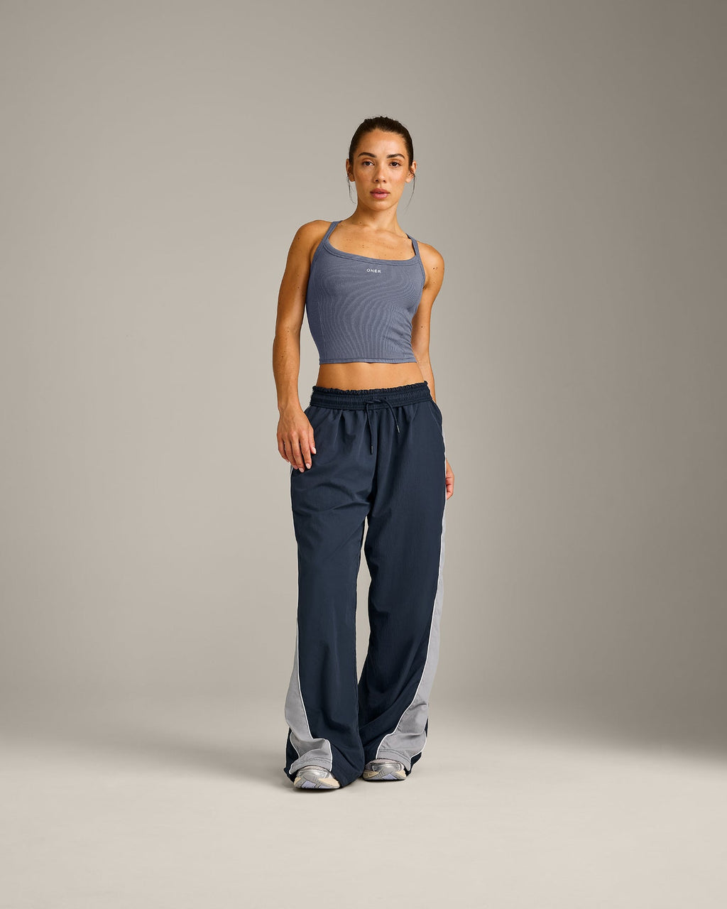 Mellow™ Rib Racer Back Mid Tank Top with Built in Bra Shelf | Granite Blue