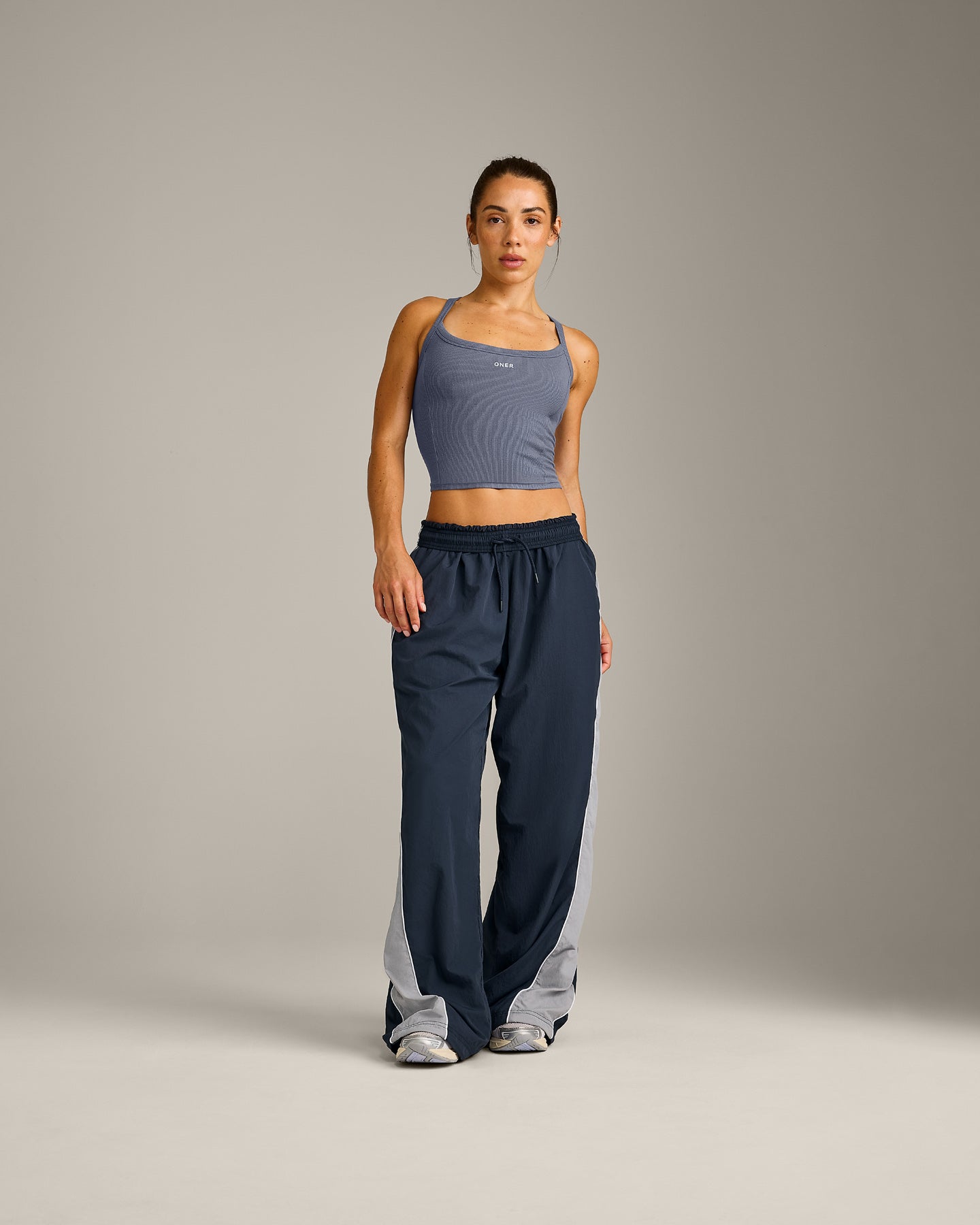 Mellow™ Rib Racer Back Mid Tank Top with Built in Bra Shelf | Granite Blue