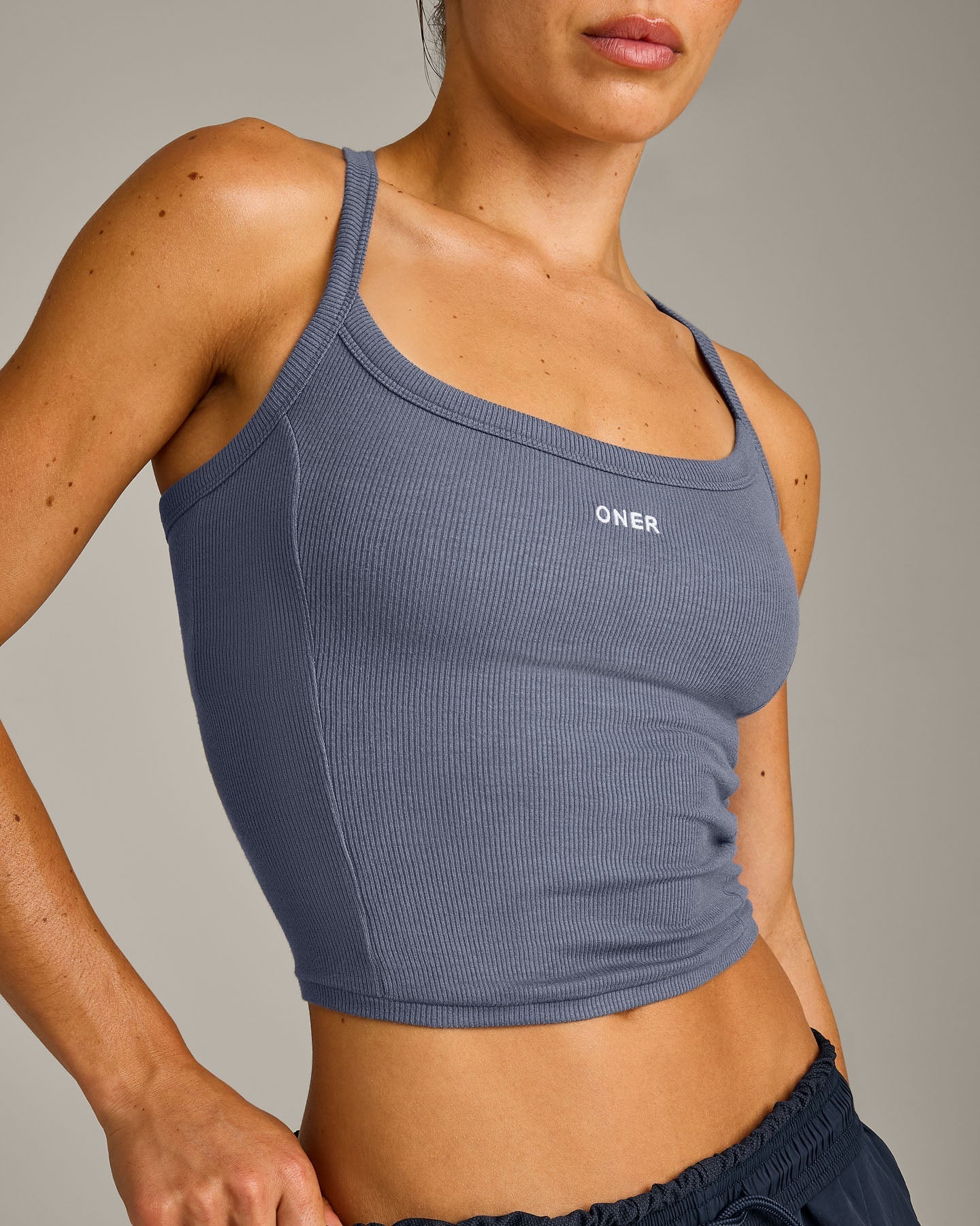 Mellow™ Rib Racer Back Mid Tank Top with Built in Bra Shelf | Granite Blue